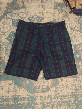RLX Ralph Lauren Navy, Green & Red Plaid Flat-Front Shorts